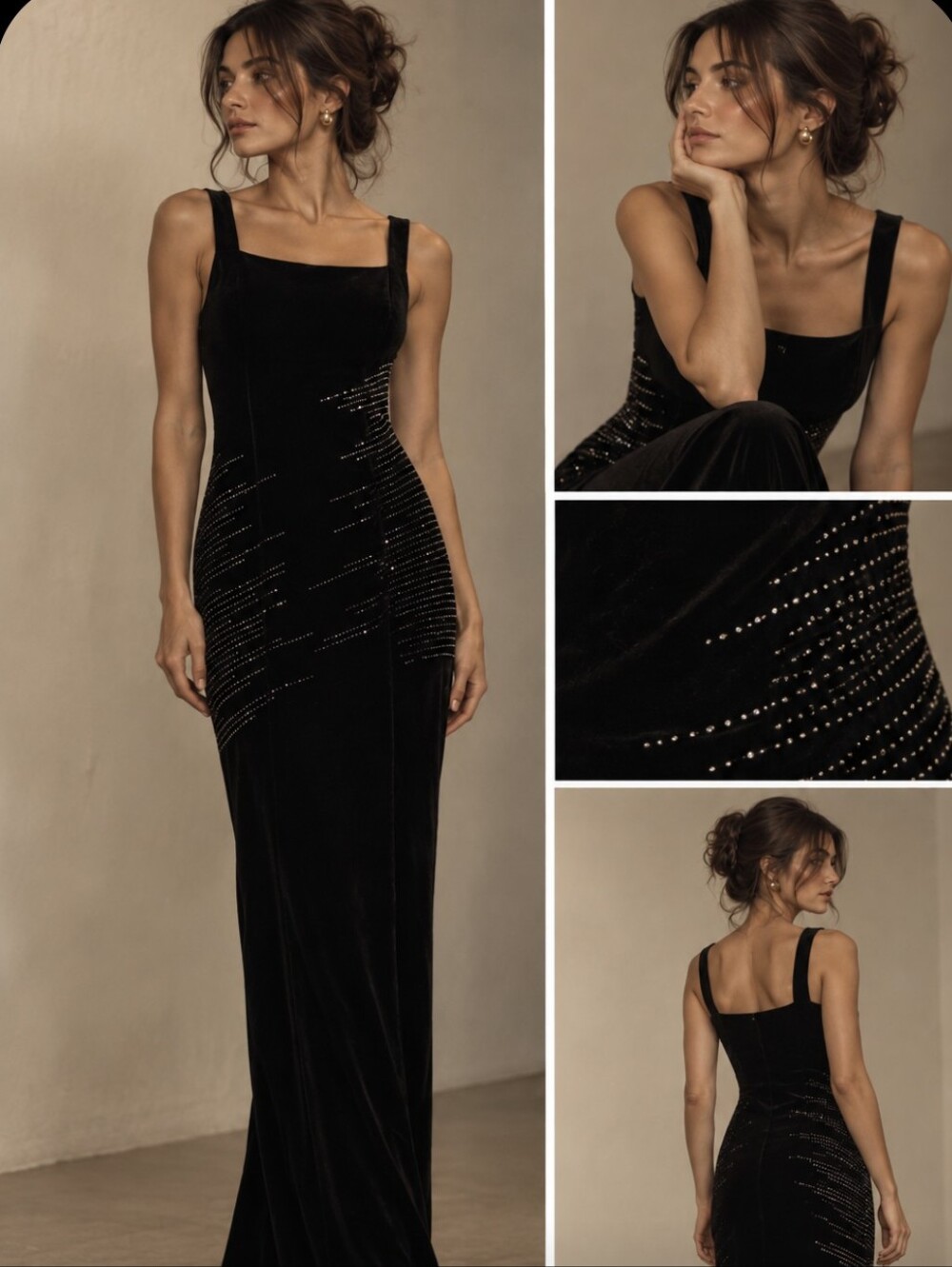 Vintage Black Velvet Maxi Dress with Rhinestone Detailing Glam Gothic Formal